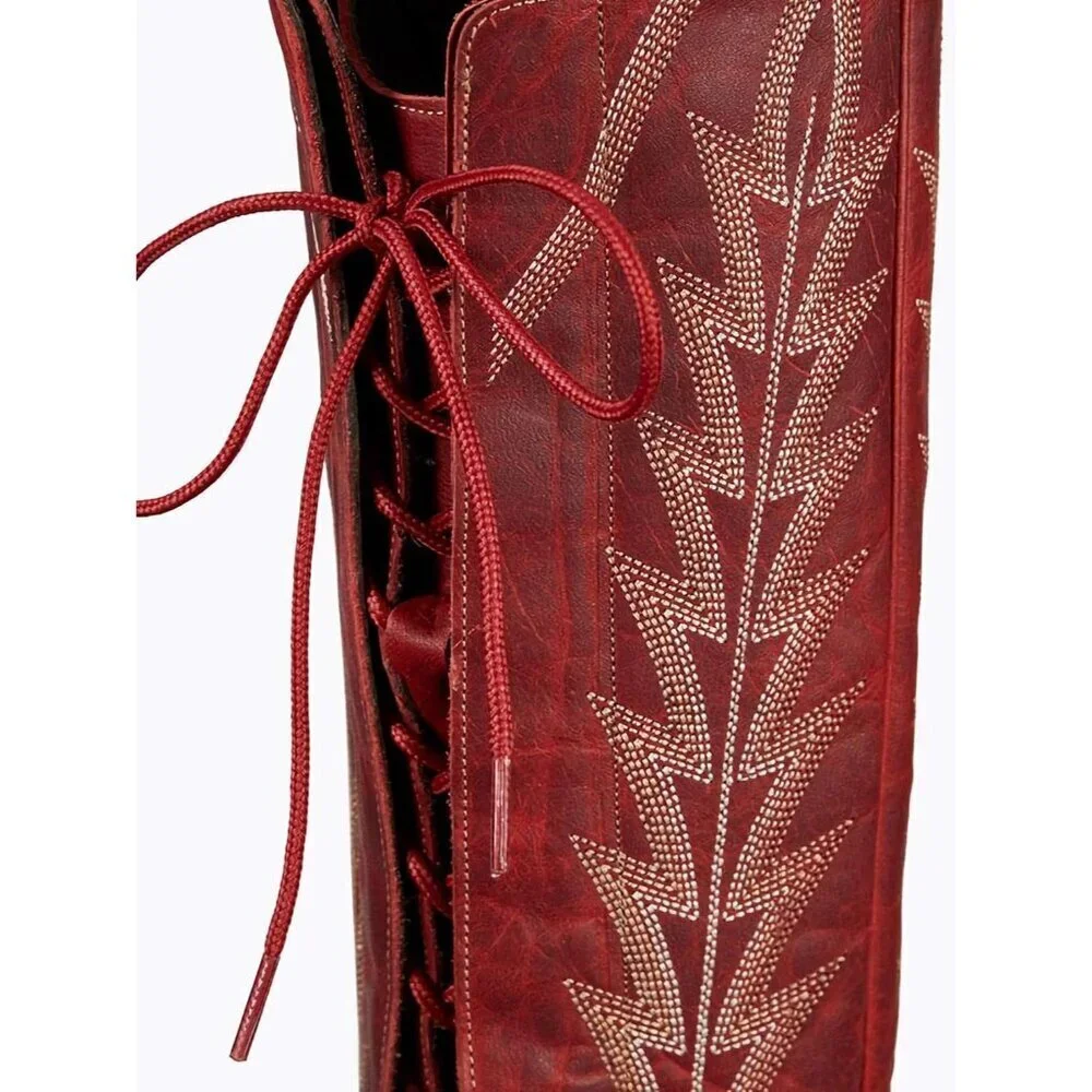 Women Red Polyurethane Over the Knee Cowboy Adjustable Thigh High Cowgirl Boots